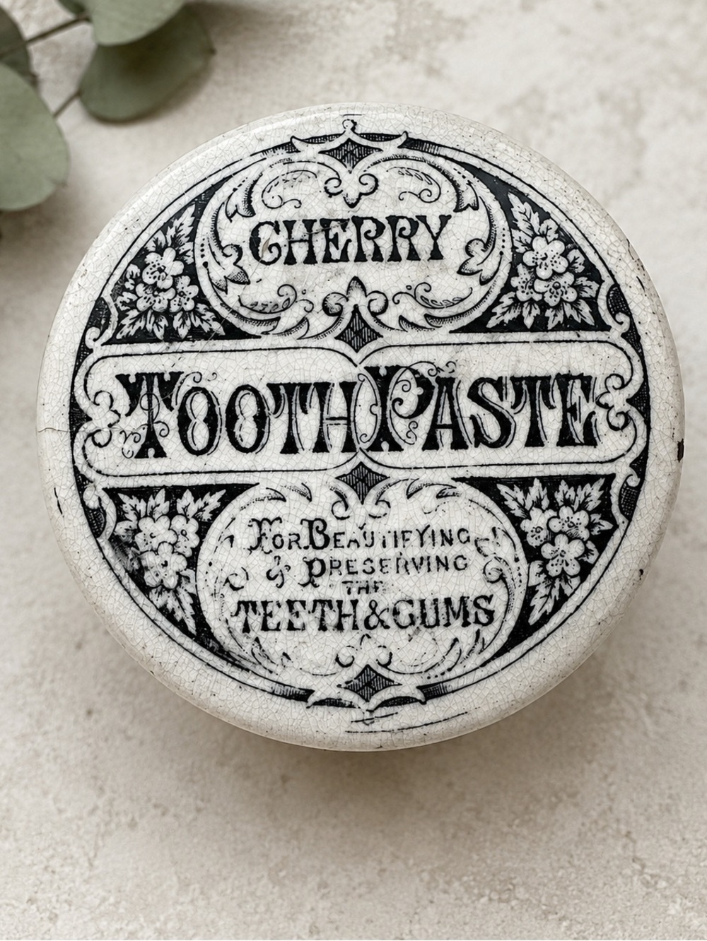 Antique Victorian Cherry Tooth Paste Pot Jar Advertising Transferware Ceramic 3”